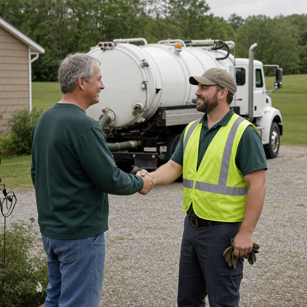 A septic technician shaking a Virginia Beach homeowner's hand beside the service truck after a completed pump-out