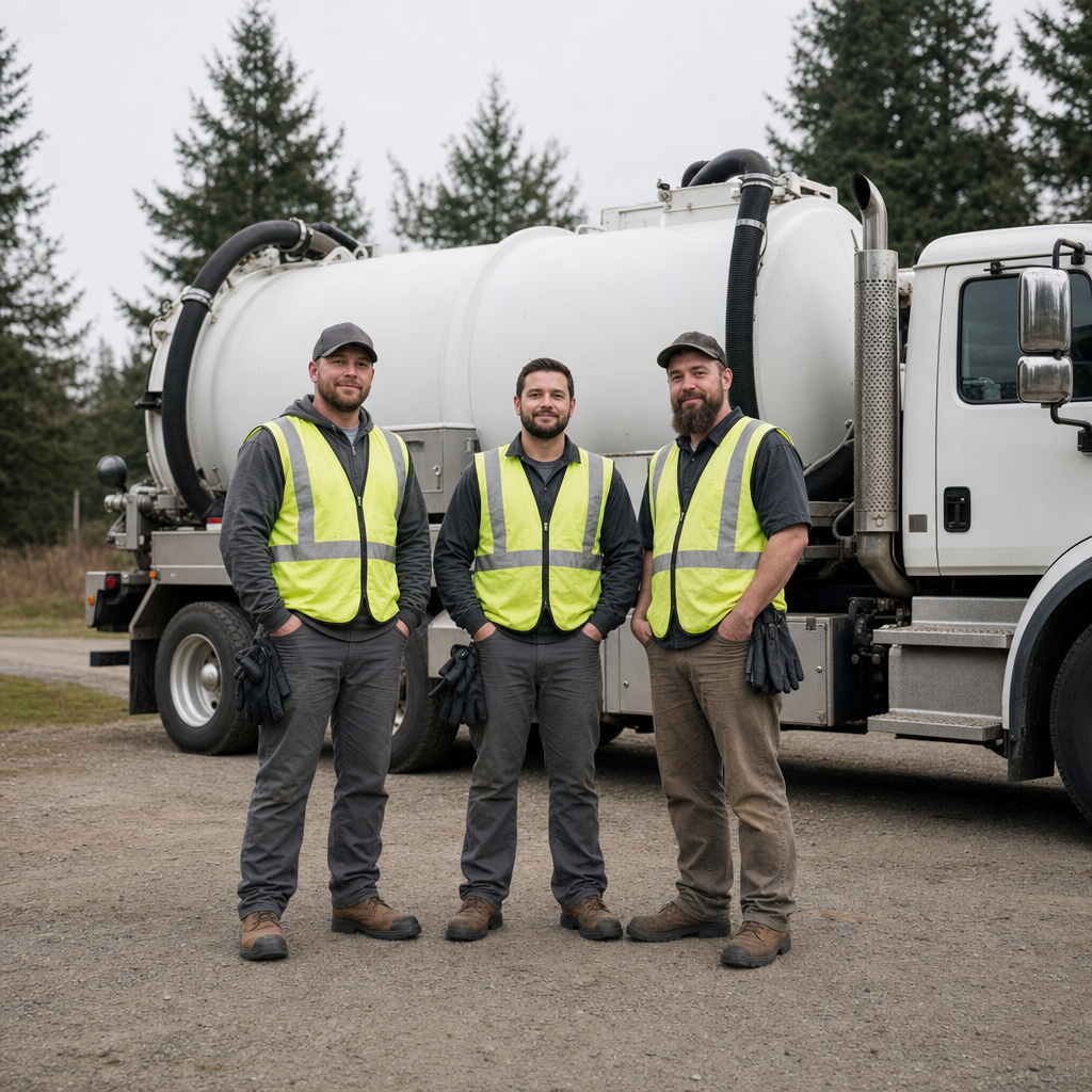 The Virginia Beach septic pumping crew standing together beside their clean white vacuum truck on a residential street