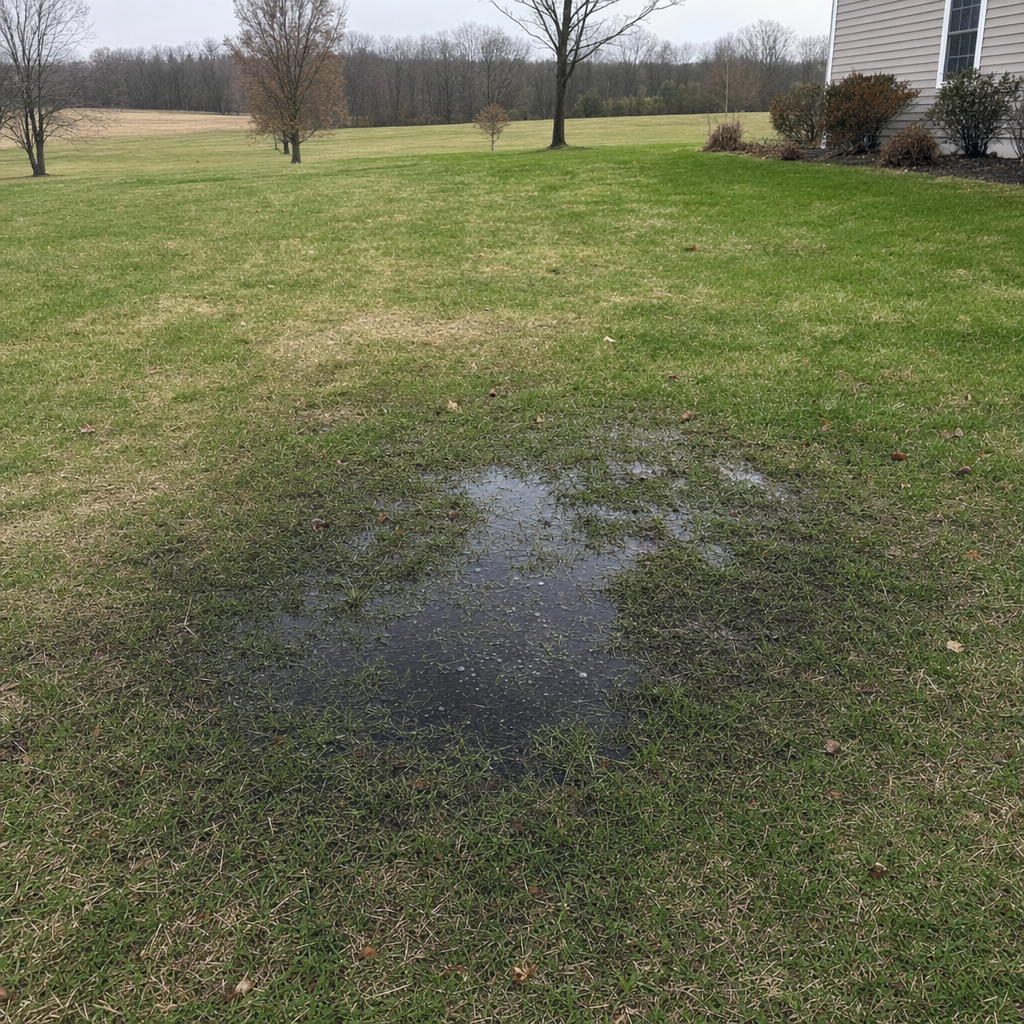 A dark, saturated wet spot in a Virginia Beach backyard lawn marking a failing cesspool at capacity