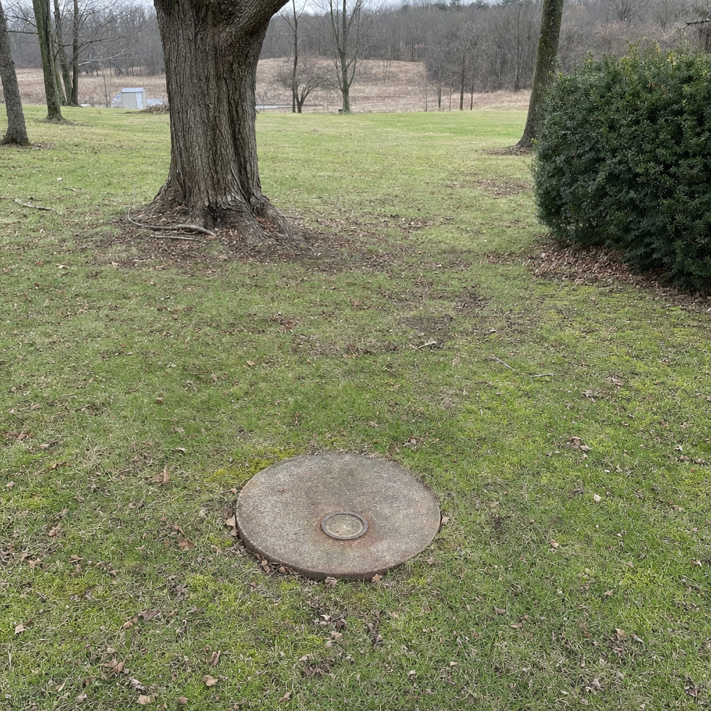 An older round cesspool access lid set flush in an established, mature Virginia Beach backyard lawn