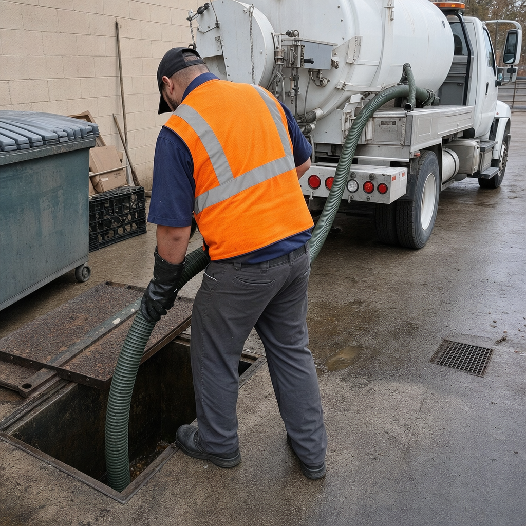 Technician pumping a grease trap behind a Virginia Beach restaurant
