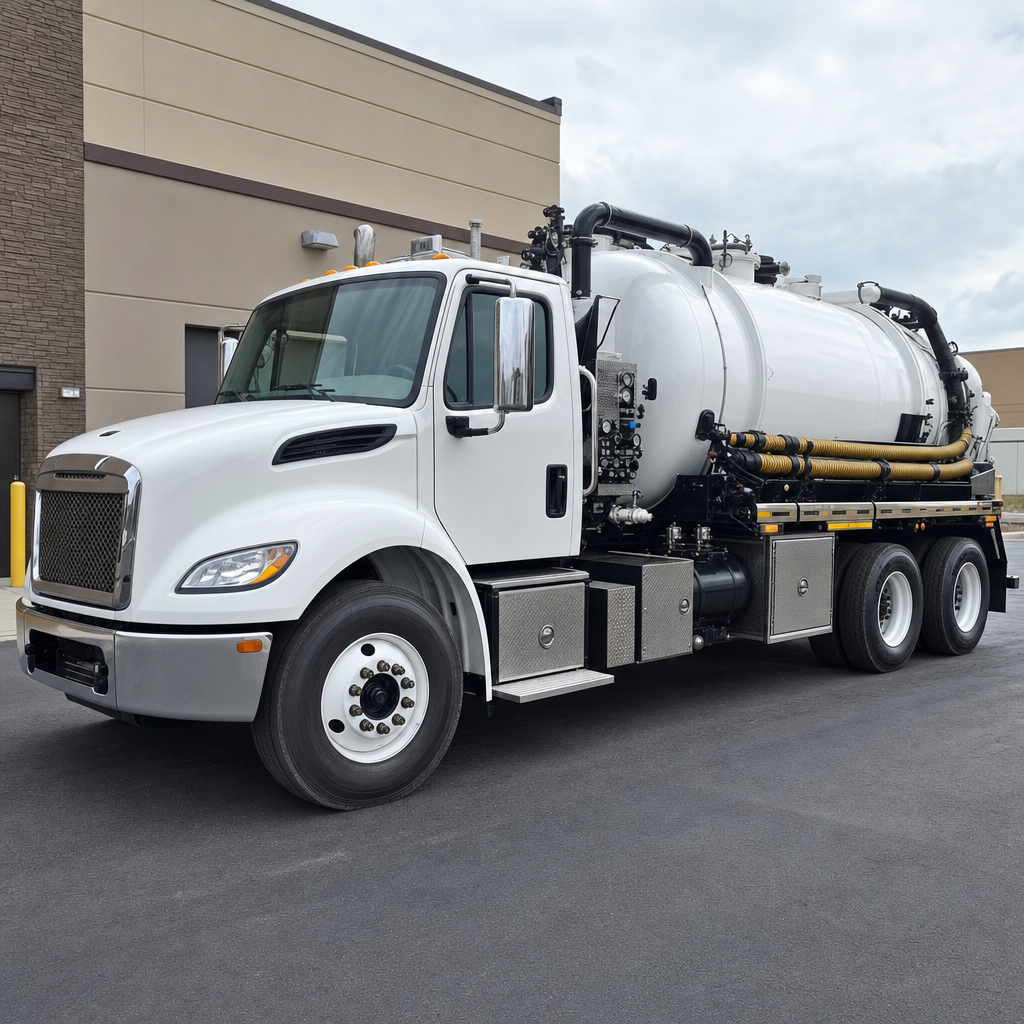 Commercial septic vacuum truck parked in a Virginia Beach business parking lot