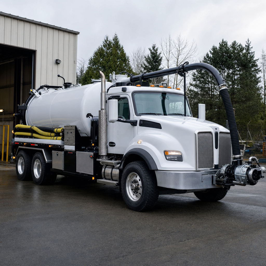 A clean white septic vacuum truck rolling out of a tidy Virginia Beach service depot at the start of the day