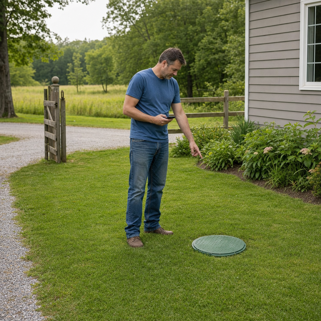 A Virginia Beach-area homeowner standing in the backyard noting where the septic tank lid and access route are located