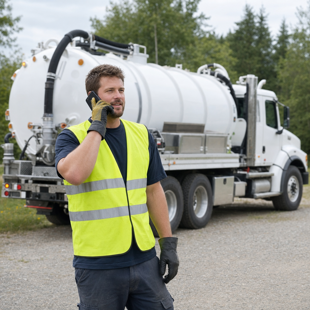 A friendly septic dispatcher holding a phone, ready to answer a Virginia Beach homeowner's call about a pump-out