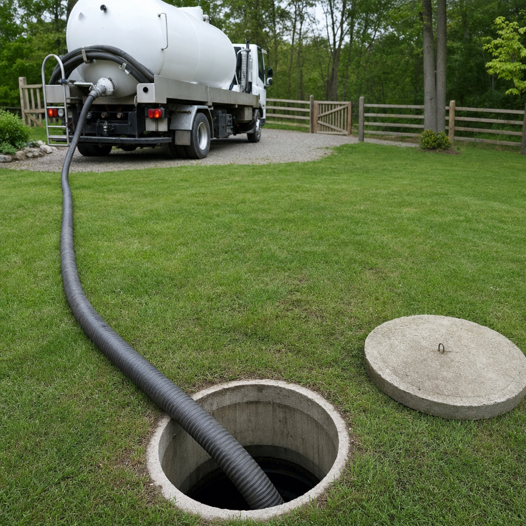 Suction hose connected to an open septic tank, drawing it down in a tidy Virginia Beach yard