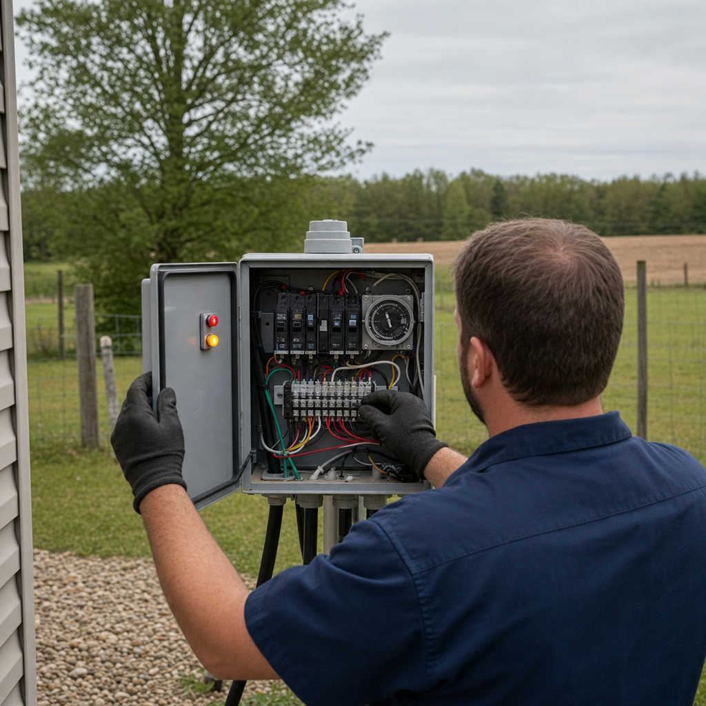 Technician checking an aerobic septic control box with a lit red high-water alarm during a same-day Virginia Beach visit