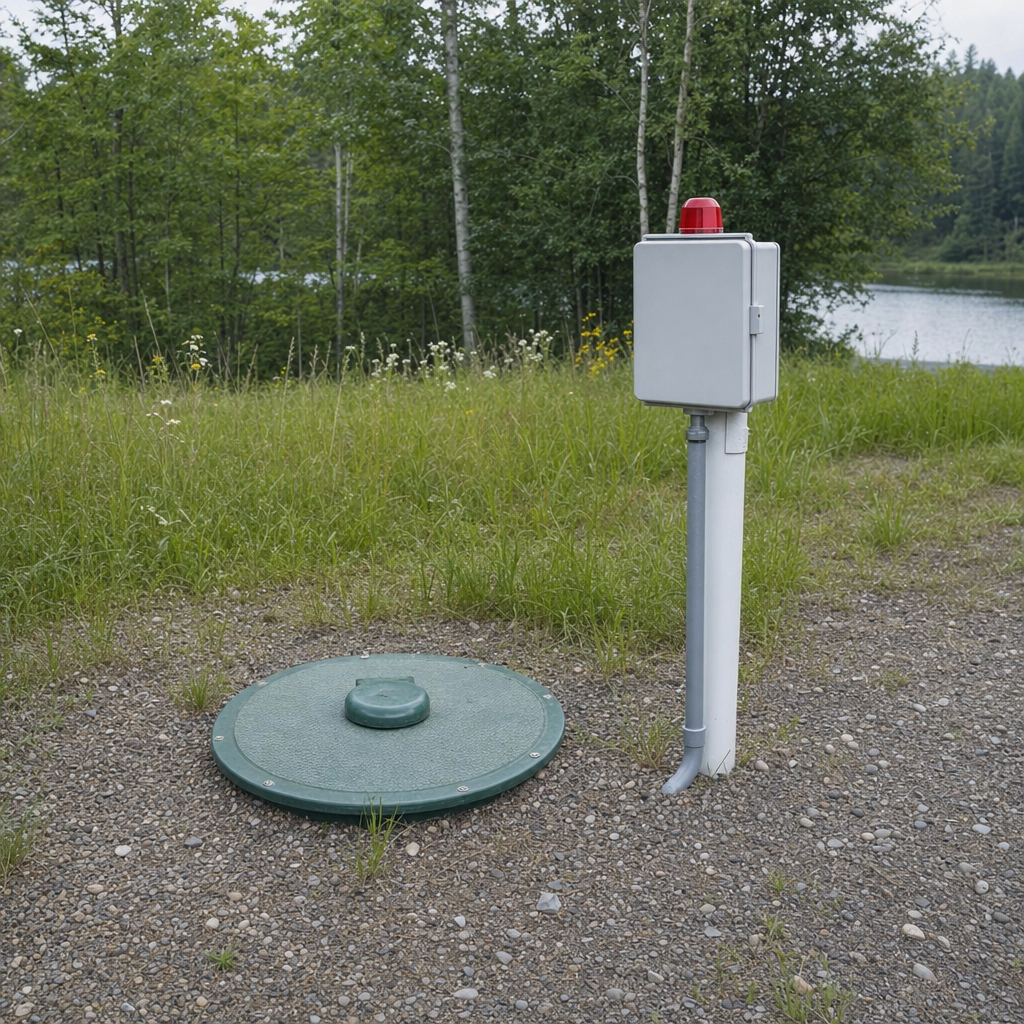A wastewater holding tank access lid set in the ground at a rural Virginia Beach-area cabin, with a mounted high-level float alarm panel nearby