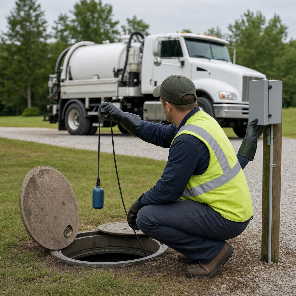 A septic technician in a high-visibility vest checking a high-level float switch and alarm panel on a holding tank at a rural Virginia Beach-area site