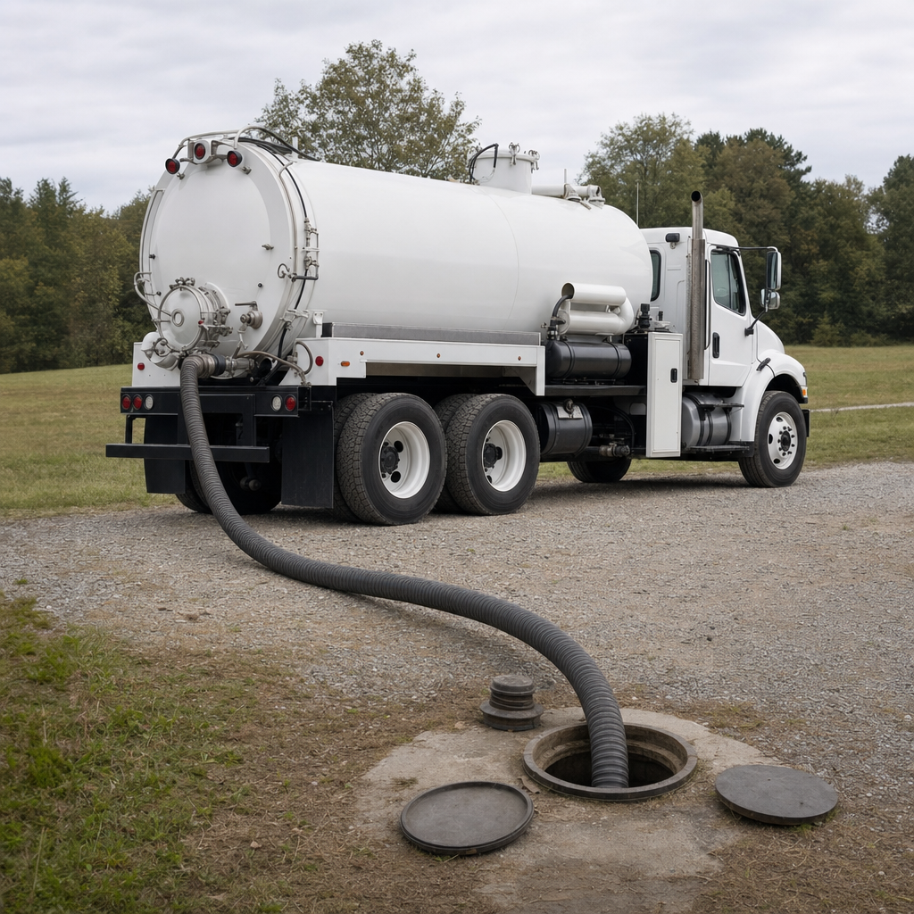 An unmarked white vacuum truck emptying a wastewater holding tank on a scheduled visit at a rural Virginia Beach-area property, thick suction hose running to the tank lid