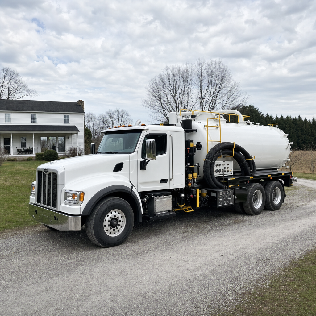 A clean white septic vacuum truck parked on a tidy Virginia Beach driveway with the suction hose neatly coiled
