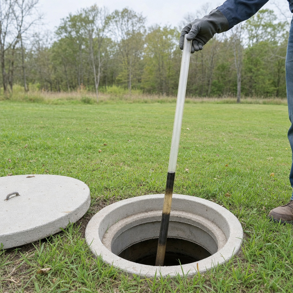 A septic sludge-judge measuring stick lowered into an open Virginia Beach septic tank to read the depth of the sludge and scum layers before deciding whether a pump-out is due
