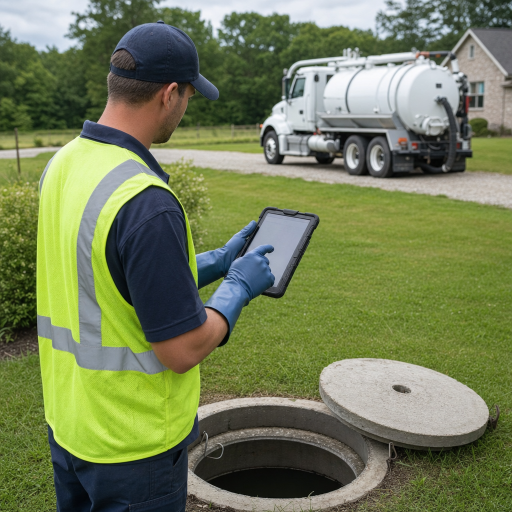 A septic technician recording a Virginia Beach home's pump-out date and tank condition on a tablet beside an open access lid, tracking the service history that sets the next due date