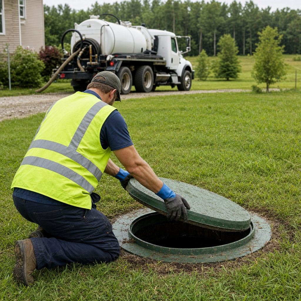 Septic technician kneeling on a Virginia Beach lawn, lifting the access lid on a residential septic tank