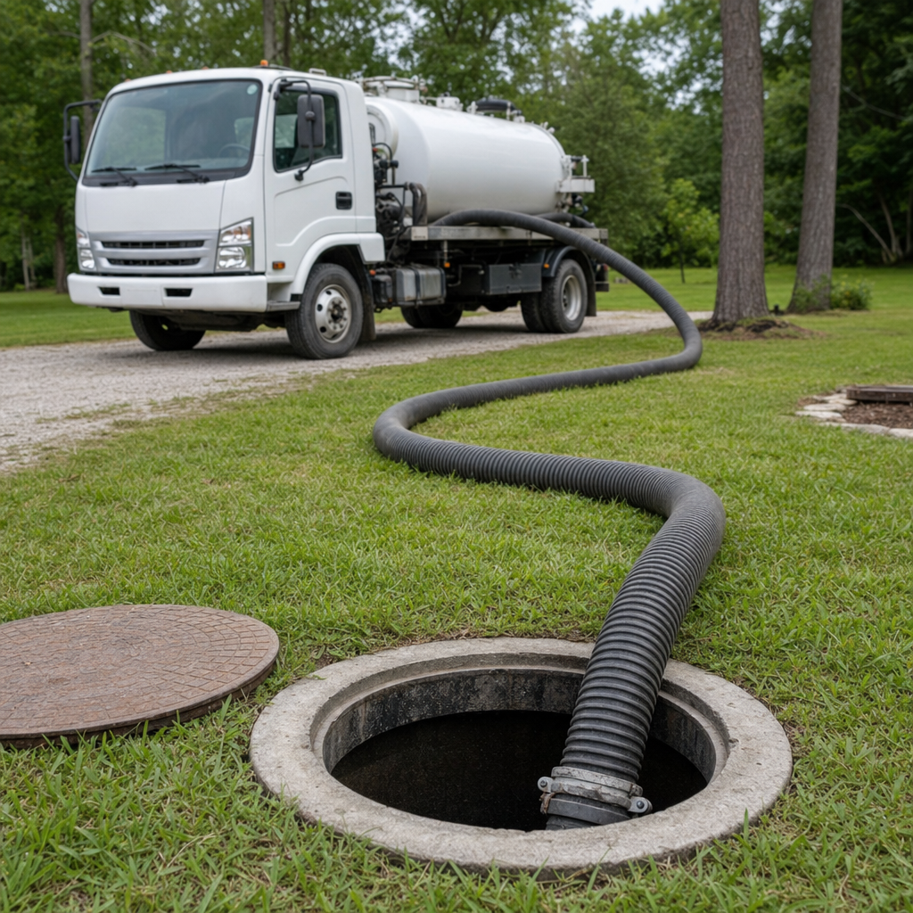 Thick ribbed suction hose lowered into a clean open septic tank port on a tidy Virginia Beach backyard lawn