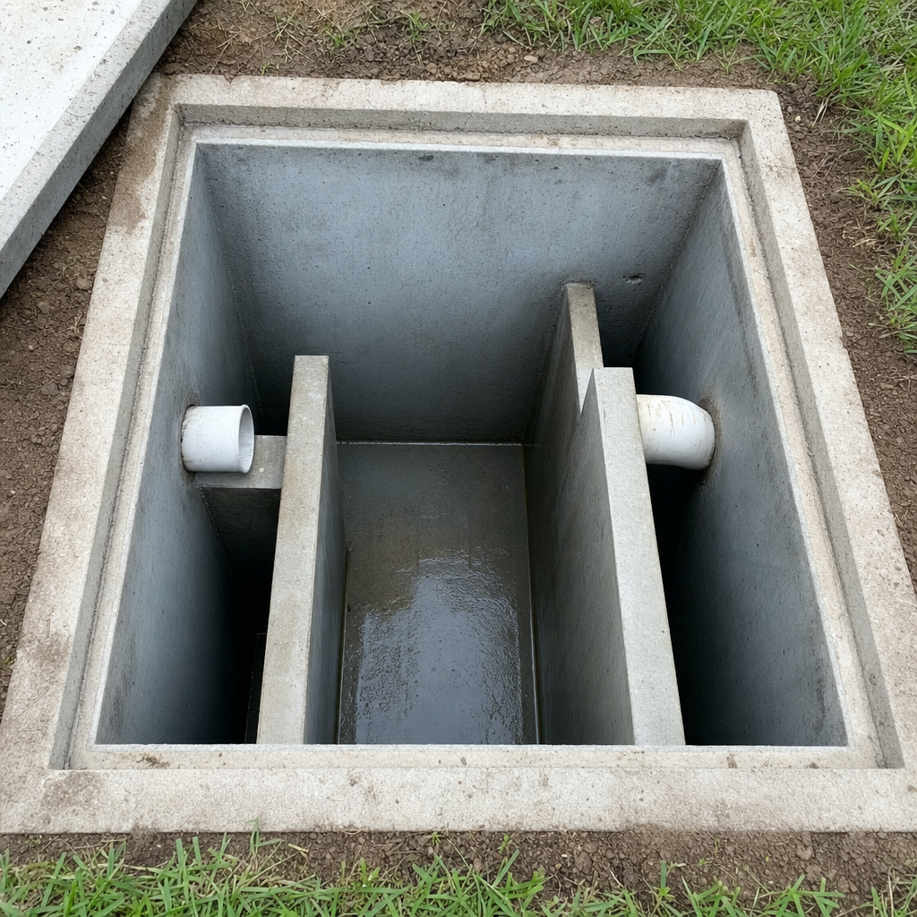 Inspection of the concrete baffles inside an open, emptied and freshly cleaned Virginia Beach septic tank