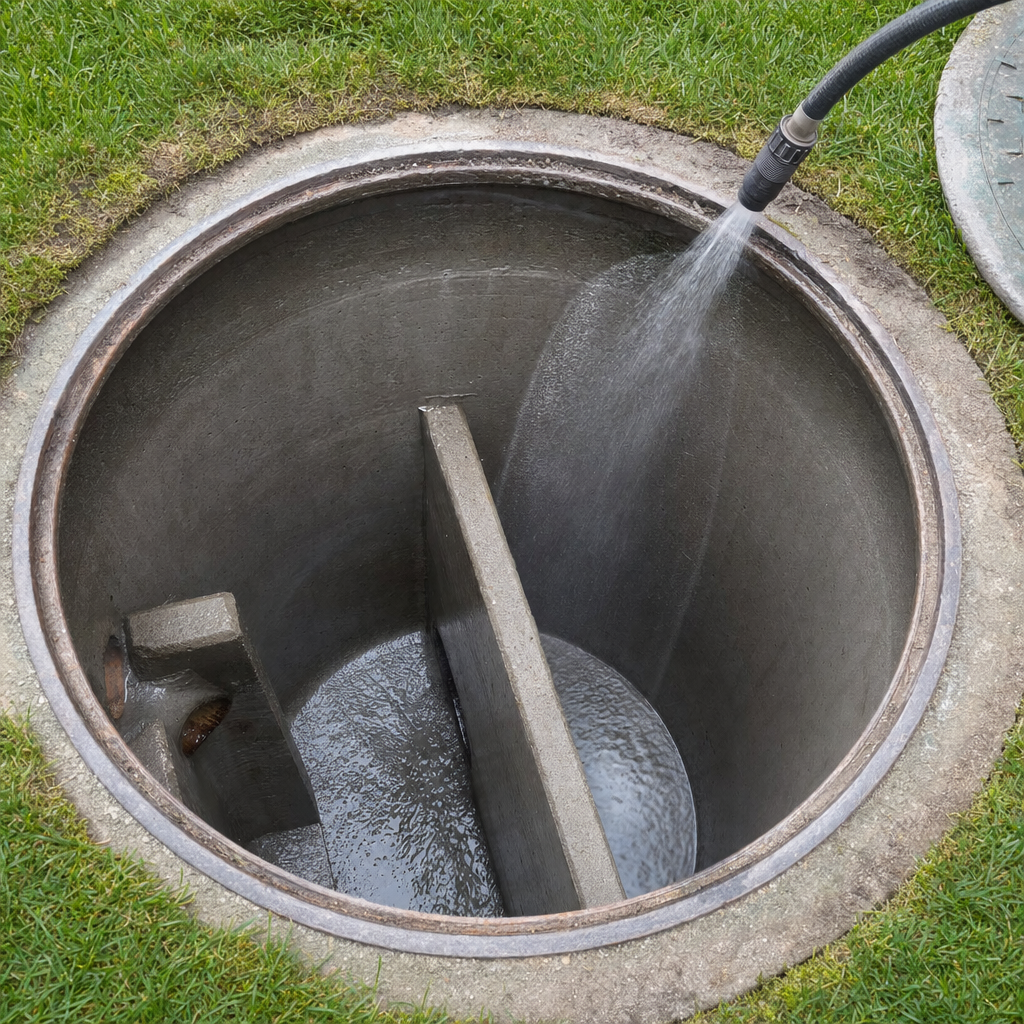 Interior concrete walls of an emptied Virginia Beach septic tank being rinsed clean with the truck's onboard water hose