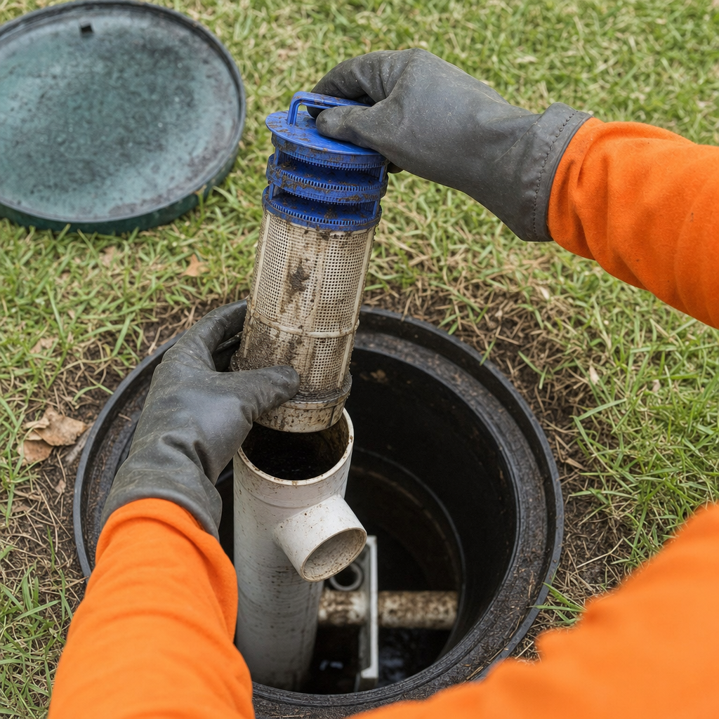 Septic technician's gloved hands lifting the effluent filter cartridge out of the outlet housing on a Virginia Beach septic tank