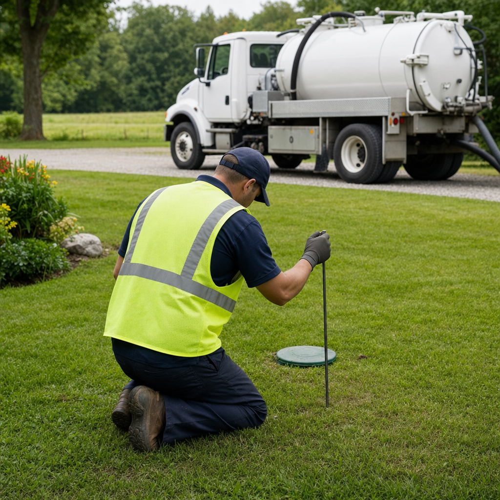 Septic technician kneeling on a Virginia Beach lawn, probing to locate and measure the depth of a buried septic tank lid before pumping