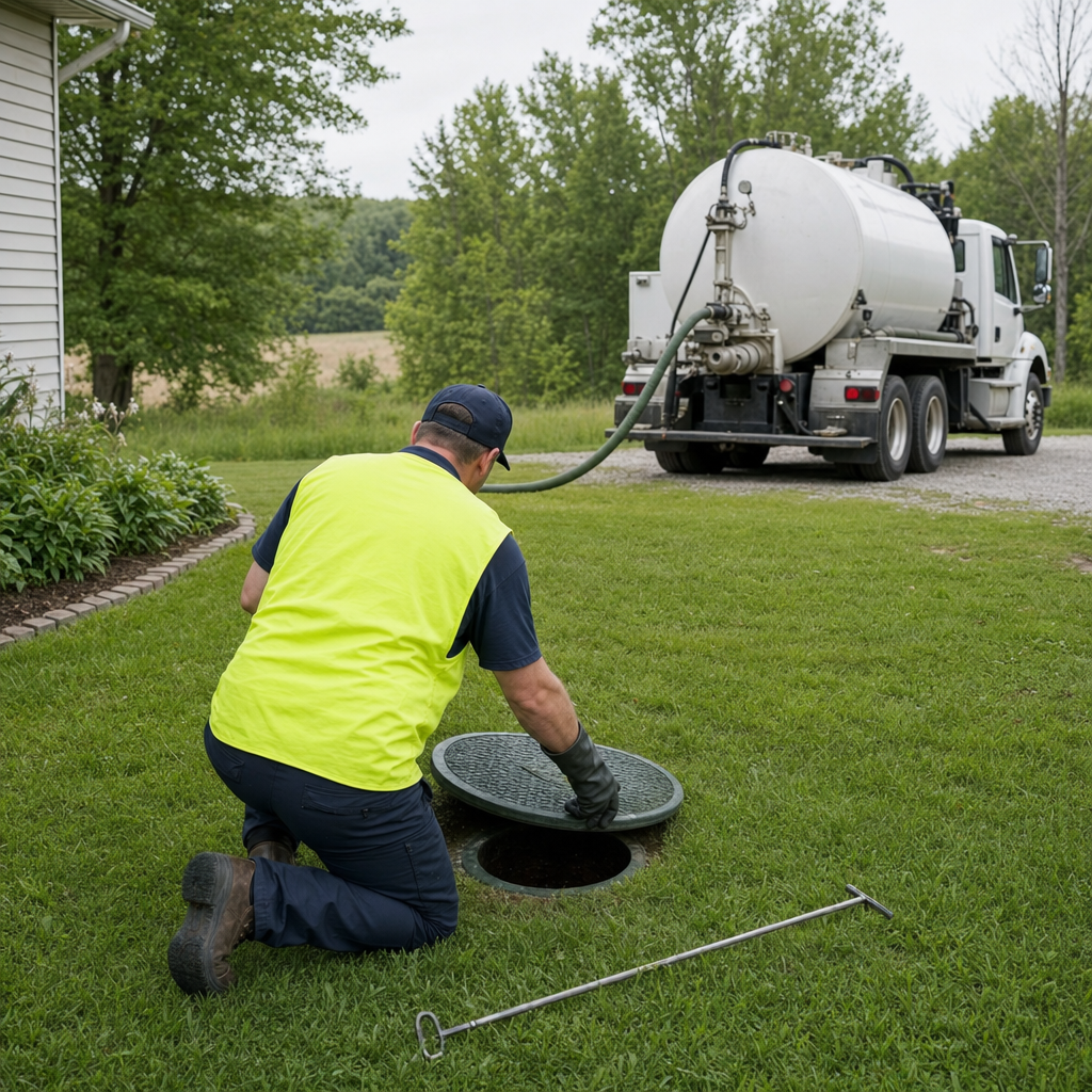 Septic technician kneeling on a Virginia Beach lawn, lifting the buried access lid on a residential septic tank