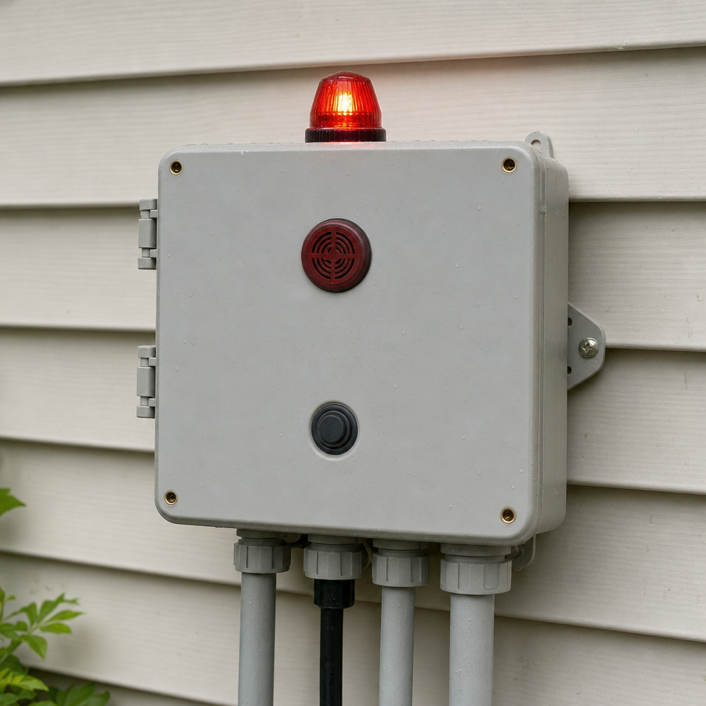 An aerobic septic system control panel mounted outside a Virginia Beach home with its red high-water alarm light lit