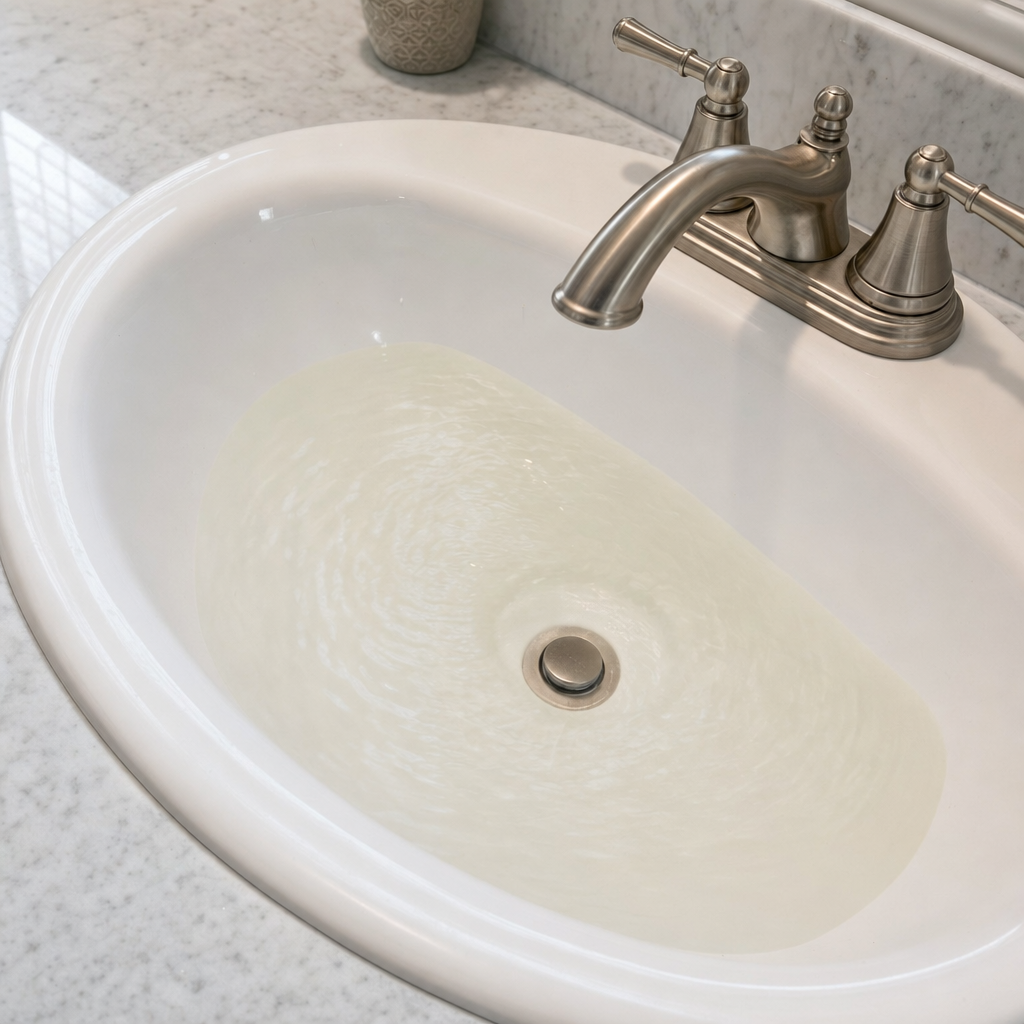 A bathroom sink draining slowly with water pooled in the basin, an early warning sign that a Virginia Beach septic tank is full